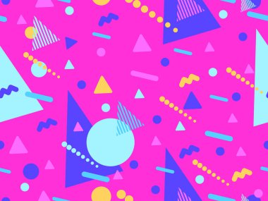 80 'lerin tarzında Memphis elementleriyle geometrik kusursuz desen. Renkli geometrik desen. Promosyon ürünleri tasarımı, ambalaj kağıdı ve baskı. Vektör illüstrasyonu