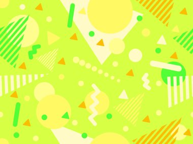 80 'lerin tarzında Memphis elementleriyle geometrik kusursuz desen. Renkli geometrik desen. Promosyon ürünleri tasarımı, ambalaj kağıdı ve baskı. Vektör illüstrasyonu