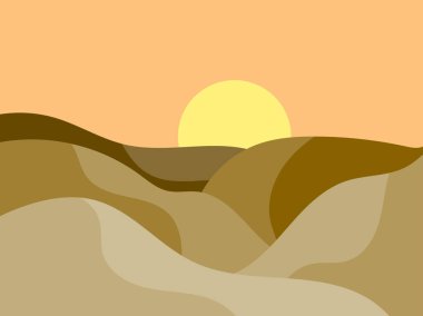 Minimalist tarzda dağ manzarası, kayalar ve kanyonlar. Dalgalı manzara, ufukta güneş var. Baskı, poster ve iç tasarım için Boho dekoru. Modern orta çağ dekoru. Vektör illüstrasyonu