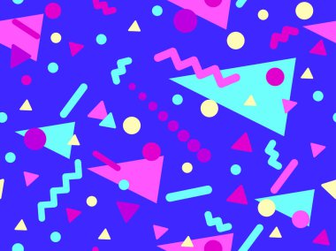80 'lerin tarzında Memphis elementleriyle geometrik kusursuz desen. Renkli geometrik desen. Promosyon ürünleri tasarımı, ambalaj kağıdı ve baskı. Vektör illüstrasyonu
