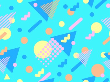 80 'lerin tarzında Memphis elementleriyle geometrik kusursuz desen. Renkli geometrik desen. Promosyon ürünleri tasarımı, ambalaj kağıdı ve baskı. Vektör illüstrasyonu