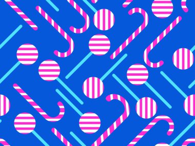 Noel şeker kamışları kusursuz desenlidir. Çizgili şeker çubuğu ve lolipop. Şenlikli Noel tatlıları. Duvar kağıtları, kapaklar, ambalajlar ve afişler için tasarım. Vektör illüstrasyonu