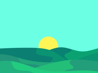 Yeşil tepelerin üzerinde gün batımı. Dalgalı bir manzaranın üzerinde yeşil tepeler ve çayırlarla minimalist bir şekilde uzanan güneş ışığı. Kapaklar, ambalajlar, afişler ve posterler için tasarım. Vektör illüstrasyonu