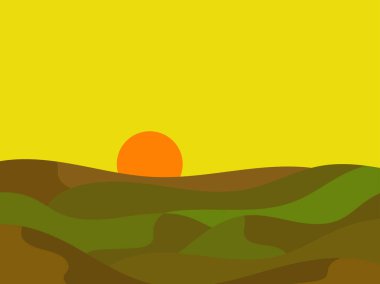 Yeşil tepelerin üzerinde gün batımı. Dalgalı bir manzaranın üzerinde yeşil tepeler ve çayırlarla minimalist bir şekilde uzanan güneş ışığı. Kapaklar, ambalajlar, afişler ve posterler için tasarım. Vektör illüstrasyonu