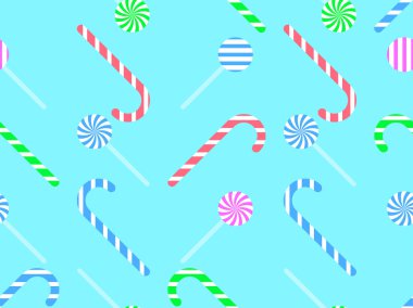 Tatil şekerleri, şeker kamışları, kusursuz desenler. Çizgili lolipop ve şeker minimalist tarzda. Duvar kağıtları, kapaklar, ambalajlar ve afişler için tasarım. Vektör illüstrasyonu