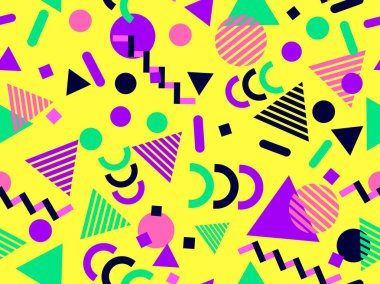 80 'lerin tarzında Memphis elementleriyle geometrik kusursuz desen. Renkli geometrik desen. Promosyon ürünleri tasarımı, ambalaj kağıdı ve baskı. Vektör illüstrasyonu