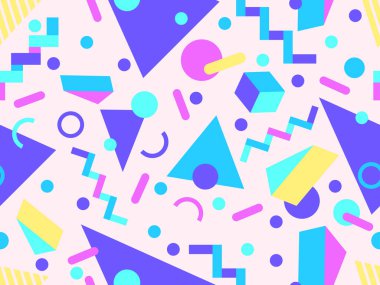 80 'lerin tarzında Memphis elementleriyle geometrik kusursuz desen. Renkli geometrik desen. Promosyon ürünleri tasarımı, ambalaj kağıdı ve baskı. Vektör illüstrasyonu