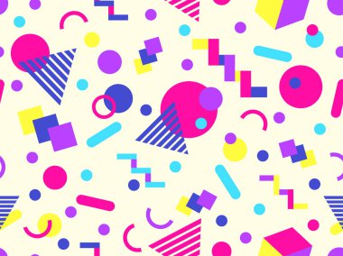 80 'lerin tarzında Memphis elementleriyle geometrik kusursuz desen. Renkli geometrik desen. Promosyon ürünleri tasarımı, ambalaj kağıdı ve baskı. Vektör illüstrasyonu