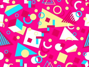 80 'lerin tarzında Memphis elementleriyle geometrik kusursuz desen. Renkli geometrik desen. Promosyon ürünleri tasarımı, ambalaj kağıdı ve baskı. Vektör illüstrasyonu