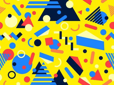 80 'lerin tarzında Memphis elementleriyle geometrik kusursuz desen. Renkli geometrik desen. Promosyon ürünleri tasarımı, ambalaj kağıdı ve baskı. Vektör illüstrasyonu