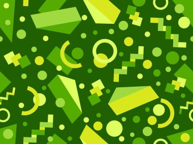 80 'lerin tarzında Memphis elementleriyle geometrik kusursuz desen. İzometrik tarzda renkli geometrik üç boyutlu figürler. Promosyon ürünleri tasarımı, ambalaj kağıdı ve baskı. Vektör illüstrasyonu