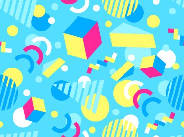 80 'lerin tarzında Memphis elementleriyle geometrik kusursuz desen. İzometrik tarzda renkli geometrik üç boyutlu figürler. Promosyon ürünleri tasarımı, ambalaj kağıdı ve baskı. Vektör illüstrasyonu