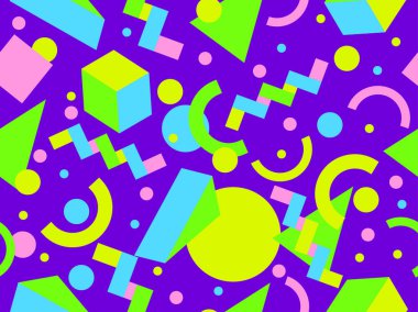 80 'lerin tarzında Memphis elementleriyle geometrik kusursuz desen. İzometrik tarzda renkli geometrik üç boyutlu figürler. Promosyon ürünleri tasarımı, ambalaj kağıdı ve baskı. Vektör illüstrasyonu