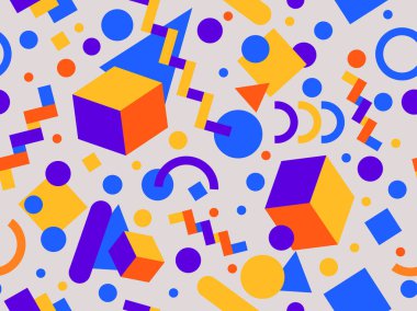 80 'lerin tarzında Memphis elementleriyle geometrik kusursuz desen. İzometrik tarzda renkli geometrik üç boyutlu figürler. Promosyon ürünleri tasarımı, ambalaj kağıdı ve baskı. Vektör illüstrasyonu