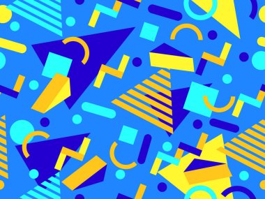 80 'lerin tarzında Memphis elementleriyle geometrik kusursuz desen. İzometrik tarzda renkli geometrik üç boyutlu figürler. Promosyon ürünleri tasarımı, ambalaj kağıdı ve baskı. Vektör illüstrasyonu