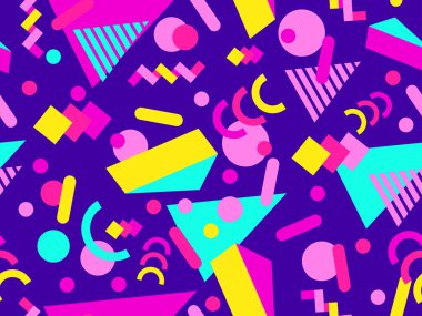 80 'lerin tarzında Memphis elementleriyle geometrik kusursuz desen. İzometrik tarzda renkli geometrik üç boyutlu figürler. Promosyon ürünleri tasarımı, ambalaj kağıdı ve baskı. Vektör illüstrasyonu