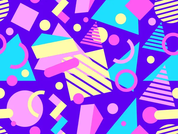 80 'lerin tarzında Memphis elementleriyle geometrik kusursuz desen. İzometrik tarzda renkli geometrik üç boyutlu figürler. Promosyon ürünleri tasarımı, ambalaj kağıdı ve baskı. Vektör illüstrasyonu