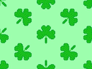 Yeşil yonca yapraklı kusursuz desen St. Patrick Günü için piksel sanat tarzında. 80 'lerden 90' lara kadar 8-bit retro video oyunu tarzında Shamrock pikseli. Pankart ve poster için tasarım. Vektör illüstrasyonu