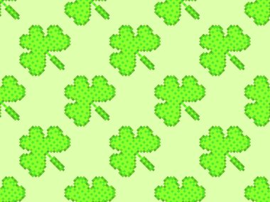 Yeşil yonca yapraklı kusursuz desen St. Patrick Günü için piksel sanat tarzında. 80 'lerden 90' lara kadar 8-bit retro video oyunu tarzında Shamrock pikseli. Pankart ve poster için tasarım. Vektör illüstrasyonu