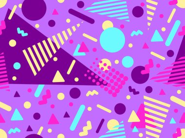 80 'lerin tarzında Memphis elementleriyle geometrik kusursuz desen. Renkli geometrik desen. Promosyon ürünleri tasarımı, ambalaj kağıdı ve baskı. Vektör illüstrasyonu