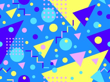 80 'lerin tarzında Memphis elementleriyle geometrik kusursuz desen. Renkli geometrik desen. Promosyon ürünleri tasarımı, ambalaj kağıdı ve baskı. Vektör illüstrasyonu