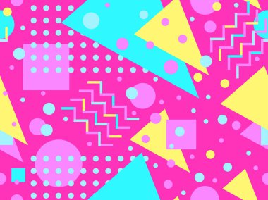 80 'lerin tarzında Memphis elementleriyle geometrik kusursuz desen. Renkli geometrik desen. Promosyon ürünleri tasarımı, ambalaj kağıdı ve baskı. Vektör illüstrasyonu