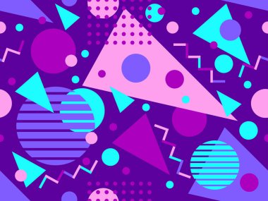80 'lerin tarzında Memphis elementleriyle geometrik kusursuz desen. Renkli geometrik desen. Promosyon ürünleri tasarımı, ambalaj kağıdı ve baskı. Vektör illüstrasyonu