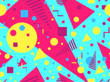 80 'lerin tarzında Memphis elementleriyle geometrik kusursuz desen. Renkli geometrik desen. Promosyon ürünleri tasarımı, ambalaj kağıdı ve baskı. Vektör illüstrasyonu