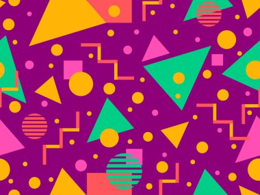 80 'lerin tarzında Memphis elementleriyle geometrik kusursuz desen. Renkli geometrik desen. Promosyon ürünleri tasarımı, ambalaj kağıdı ve baskı. Vektör illüstrasyonu