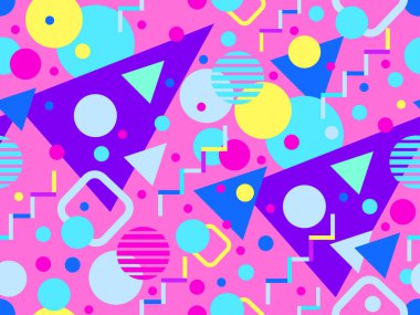 80 'lerin tarzında Memphis elementleriyle geometrik kusursuz desen. Renkli geometrik desen. Promosyon ürünleri tasarımı, ambalaj kağıdı ve baskı. Vektör illüstrasyonu