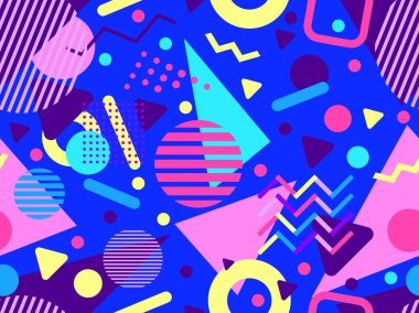 80 'lerin tarzında Memphis elementleriyle geometrik kusursuz desen. Renkli geometrik desen. Promosyon ürünleri tasarımı, ambalaj kağıdı ve baskı. Vektör illüstrasyonu
