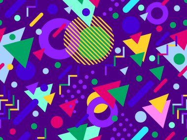 80 'lerin tarzında Memphis elementleriyle geometrik kusursuz desen. Renkli geometrik desen. Promosyon ürünleri tasarımı, ambalaj kağıdı ve baskı. Vektör illüstrasyonu