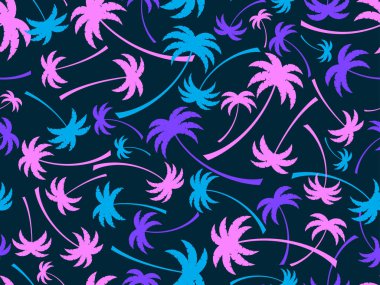 Palmiye ağaçları pürüzsüz. Yaz zamanı, tropik palmiye ağaçları desenli duvar kağıdı. Tişört, pankart ve promosyon ürünleri için tasarım. Vektör illüstrasyonu