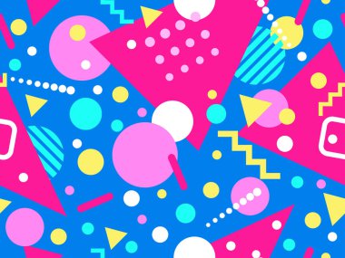 80 'lerin tarzında Memphis elementleriyle geometrik kusursuz desen. Renkli geometrik desen. Promosyon ürünleri tasarımı, ambalaj kağıdı ve baskı. Vektör illüstrasyonu