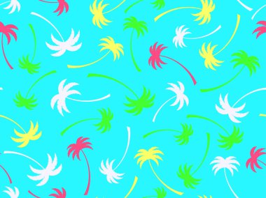 Palmiye ağaçları pürüzsüz. Yaz zamanı, tropik palmiye ağaçları desenli duvar kağıdı. Tişört, pankart ve promosyon ürünleri için tasarım. Vektör illüstrasyonu