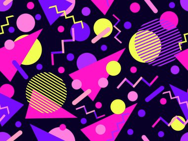 80 'lerin tarzında Memphis elementleriyle geometrik kusursuz desen. Renkli geometrik desen. Promosyon ürünleri tasarımı, ambalaj kağıdı ve baskı. Vektör illüstrasyonu