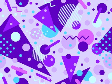 80 'lerin tarzında Memphis elementleriyle geometrik kusursuz desen. Renkli geometrik desen. Promosyon ürünleri tasarımı, ambalaj kağıdı ve baskı. Vektör illüstrasyonu