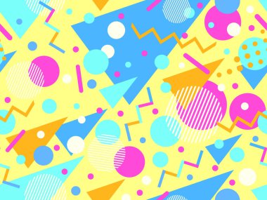 80 'lerin tarzında Memphis elementleriyle geometrik kusursuz desen. Renkli geometrik desen. Promosyon ürünleri tasarımı, ambalaj kağıdı ve baskı. Vektör illüstrasyonu