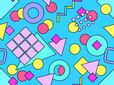 Renkli geometrik şekilli, siyah çizgili kusursuz desen. 80 'ler tarzında Memphis elementleriyle geometrik desen. Duvar kağıdı, ambalaj kağıdı ve baskı tasarımı. Vektör illüstrasyonu