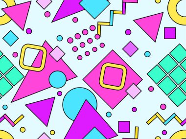 Renkli geometrik şekilli, siyah çizgili kusursuz desen. 80 'ler tarzında Memphis elementleriyle geometrik desen. Duvar kağıdı, ambalaj kağıdı ve baskı tasarımı. Vektör illüstrasyonu