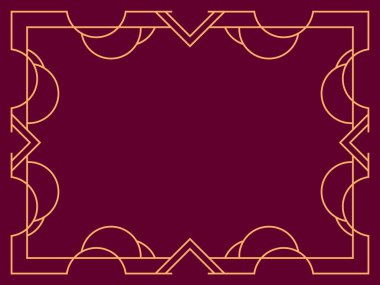 Bordo bir arka planda altın çizgilerin geometrik çerçevesi. Doğrusal sınır. Metinler, davetiyeler, el ilanları ve tebrik kartları için alanı olan geometrik çerçevenin doğrusal tasarımı. Vektör illüstrasyonu