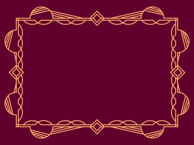 Bordo bir arka planda altın çizgilerin geometrik çerçevesi. Doğrusal sınır. Metinler, davetiyeler, el ilanları ve tebrik kartları için alanı olan geometrik çerçevenin doğrusal tasarımı. Vektör illüstrasyonu