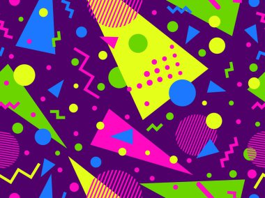 80 'lerin tarzında Memphis elementleriyle geometrik kusursuz desen. Renkli geometrik desen. Promosyon ürünleri tasarımı, ambalaj kağıdı ve baskı. Vektör illüstrasyonu