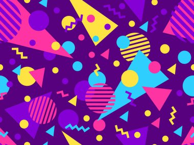80 'lerin tarzında Memphis elementleriyle geometrik kusursuz desen. Renkli geometrik desen. Promosyon ürünleri tasarımı, ambalaj kağıdı ve baskı. Vektör illüstrasyonu
