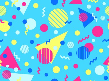 80 'lerin tarzında Memphis elementleriyle geometrik kusursuz desen. Renkli geometrik desen. Promosyon ürünleri tasarımı, ambalaj kağıdı ve baskı. Vektör illüstrasyonu