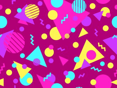 80 'lerin tarzında Memphis elementleriyle geometrik kusursuz desen. Renkli geometrik desen. Promosyon ürünleri tasarımı, ambalaj kağıdı ve baskı. Vektör illüstrasyonu