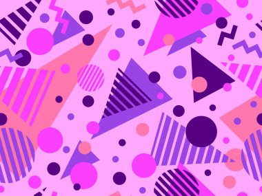 80 'lerin tarzında Memphis elementleriyle geometrik kusursuz desen. Renkli geometrik desen. Promosyon ürünleri tasarımı, ambalaj kağıdı ve baskı. Vektör illüstrasyonu