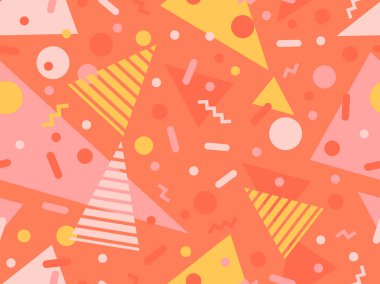 80 'lerin tarzında Memphis elementleriyle geometrik kusursuz desen. Renkli geometrik desen. Promosyon ürünleri tasarımı, ambalaj kağıdı ve baskı. Vektör illüstrasyonu