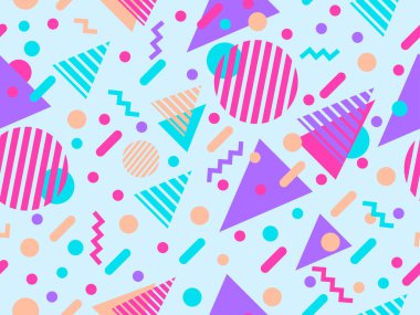 80 'lerin tarzında Memphis elementleriyle geometrik kusursuz desen. Renkli geometrik desen. Promosyon ürünleri tasarımı, ambalaj kağıdı ve baskı. Vektör illüstrasyonu
