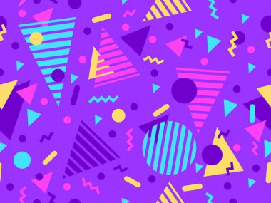 80 'lerin tarzında Memphis elementleriyle geometrik kusursuz desen. Renkli geometrik desen. Promosyon ürünleri tasarımı, ambalaj kağıdı ve baskı. Vektör illüstrasyonu